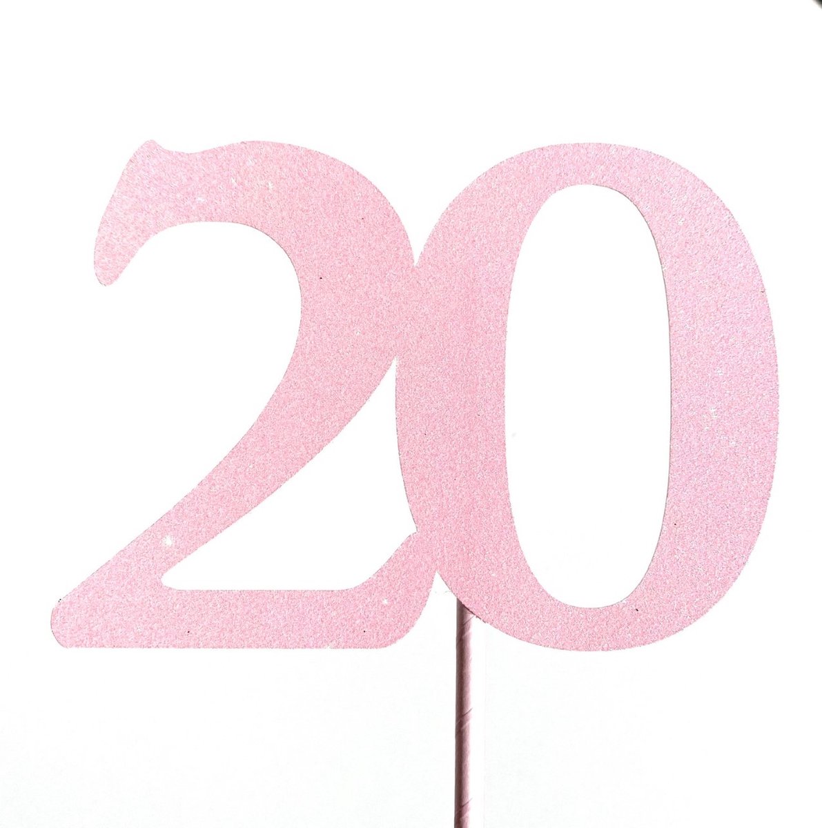 Taartdecoratie versiering| Taarttopper| Cake topper | Taartversiering| Verjaardag| Cijfers | 20 | Roze glitter|14 cm| karton